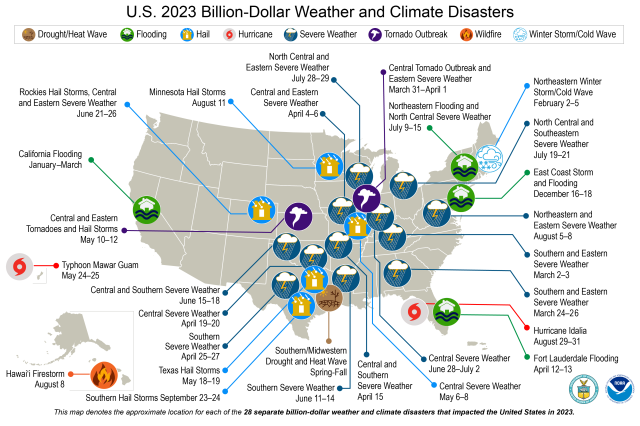 Image courtesy NOAA showing weather and climate-disaster icons located throughout a map of the United States.