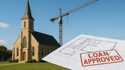 “A beige brick church under a clear blue sky with a construction crane in the background and a ‘Loan Approved’ stamp on architectural blueprints in the foreground.”